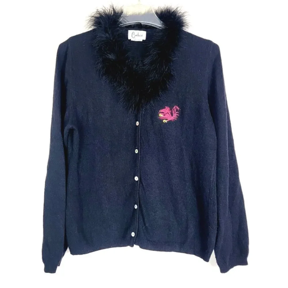 Vintage Y2K Dragon Emblem Carducci Italy Black Rabbit Fur Trim Size M